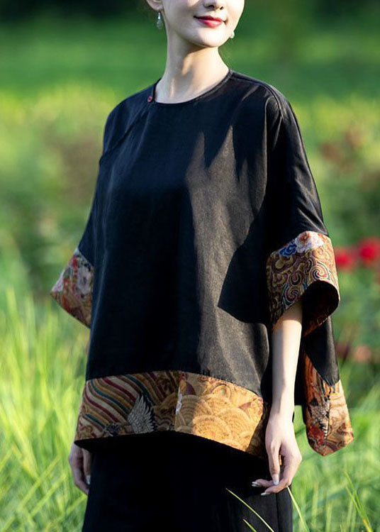 Loses schwarzes asymmetrisches Patchwork-Seidenoberteil mit O-Ausschnitt Frühling