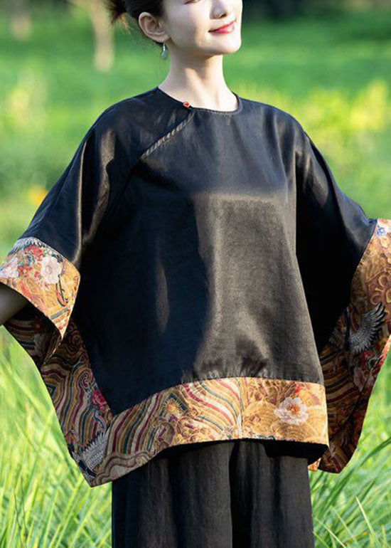 Loses schwarzes asymmetrisches Patchwork-Seidenoberteil mit O-Ausschnitt Frühling
