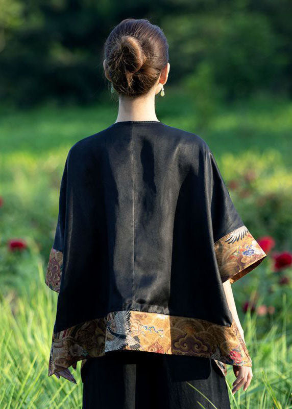 Loses schwarzes asymmetrisches Patchwork-Seidenoberteil mit O-Ausschnitt Frühling