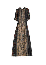Loose Black O-Neck Print Patchwork Wrinkled Silk Party Dress Short Sleeve