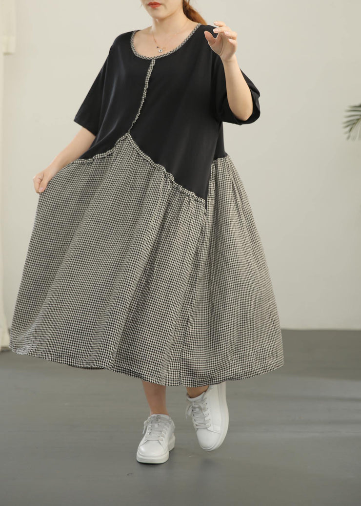 Loose Black Patchwork Plaid asymmetrical design Dresses Summer Cotton Linen - SooLinen
