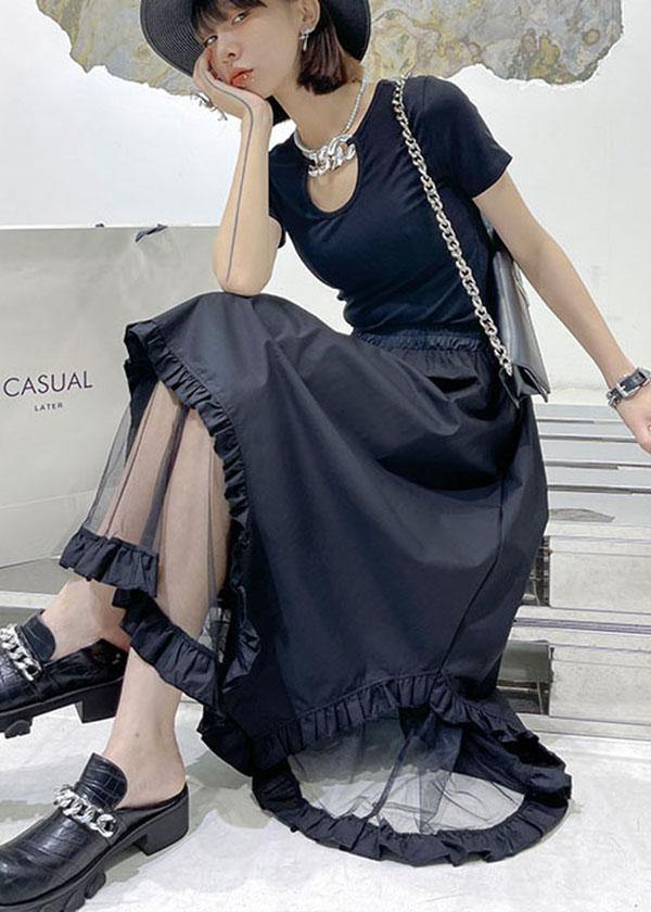Loose Black Patchwork Tulle Cotton Skirt - SooLinen
