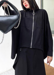Loose Black Pockets Zippered Jackets Spring - SooLinen