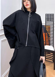 Loose Black Pockets Zippered Jackets Spring - SooLinen