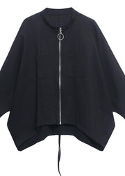 Loose Black Pockets Zippered Jackets Spring - SooLinen