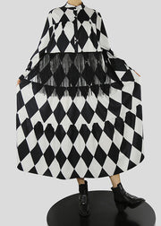 Lockeres schwarzes Hemdkleid mit Stehkragen und Quastendruck Frühling