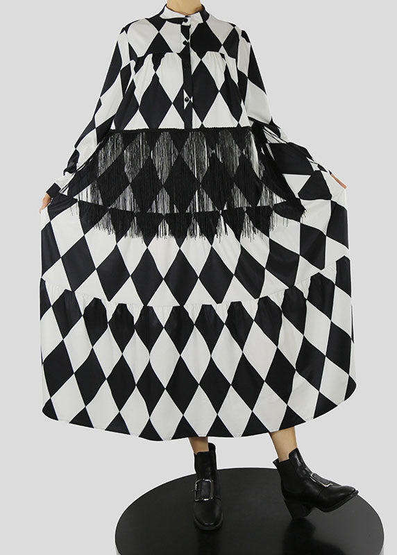 Lockeres schwarzes Hemdkleid mit Stehkragen und Quastendruck Frühling