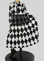 Lockeres schwarzes Hemdkleid mit Stehkragen und Quastendruck Frühling