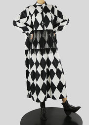 Lockeres schwarzes Hemdkleid mit Stehkragen und Quastendruck Frühling