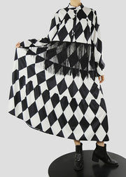 Lockeres schwarzes Hemdkleid mit Stehkragen und Quastendruck Frühling