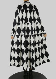 Lockeres schwarzes Hemdkleid mit Stehkragen und Quastendruck Frühling