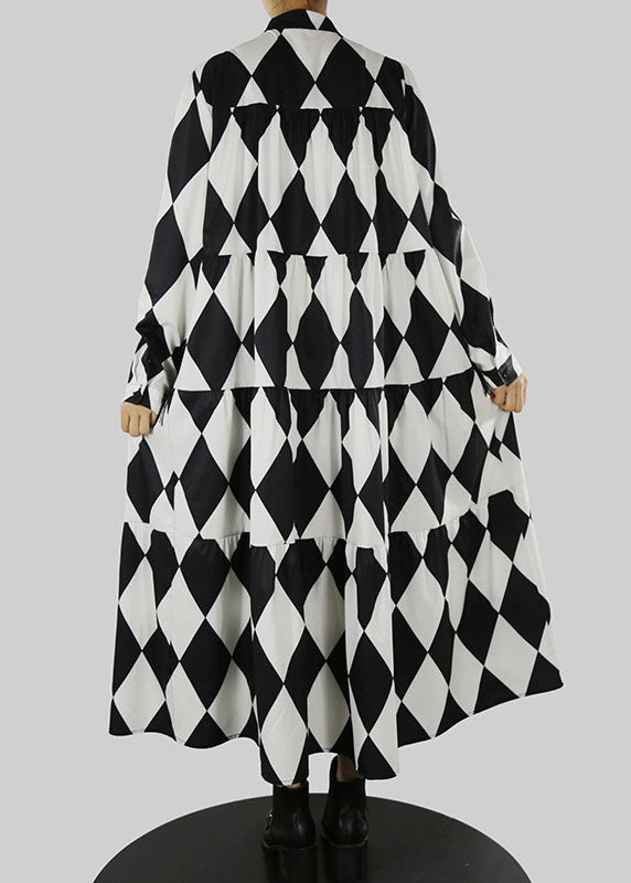 Lockeres schwarzes Hemdkleid mit Stehkragen und Quastendruck Frühling