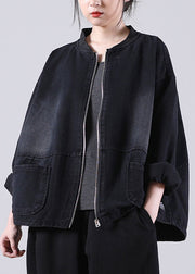 Lose schwarze Taschen mit Reißverschluss Patchwork Herbst Denim Langarm Mantel