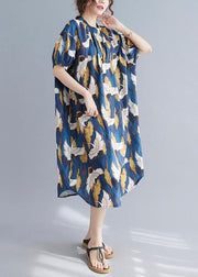 Loose Blue Print Cotton O-Neck Loose Summer Mid Dress - SooLinen