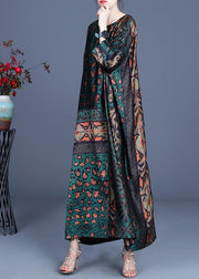 Loose Green Leopard Long sleeve Chiffon Holiday Dress Summer Spring - SooLinen