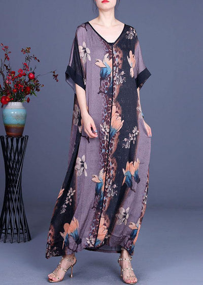 Loose Grey Print V Neck Short Sleeve Chiffon Vacation Dresses - SooLinen