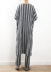 Loose Grey Striped tie waist Two Pieces Set Summer Cotton Dress - SooLinen