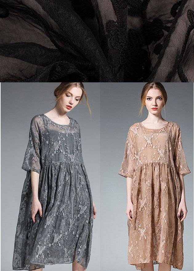 Loose Khaki O-Neck Patchwork Summer  Dress Half Sleeve - SooLinen