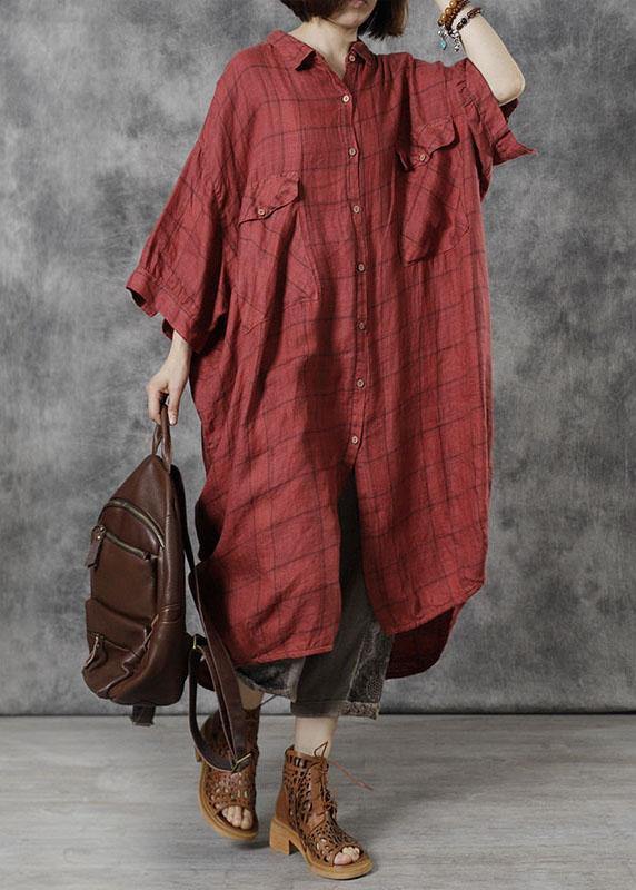 Loose Khaki PeterPan Collar Button Fall Dress Three Quarter Sleeve - SooLinen