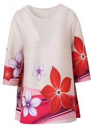Loose Khaki Print O-Neck Half Sleeve Tops - SooLinen