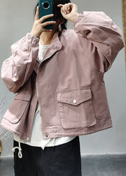 Loose Light Blue Stand Collar zippered drawstring Pockets Cotton Coats Long Sleeve
