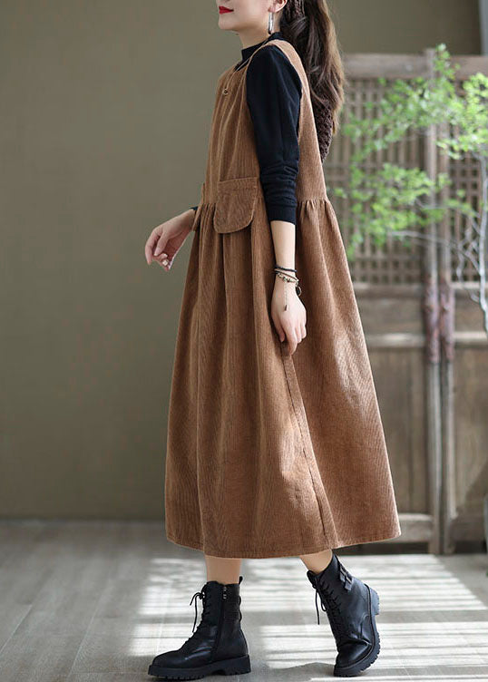 Loose Light Orange O-Neck Patchwork Corduroy Party Dress Sleeveless