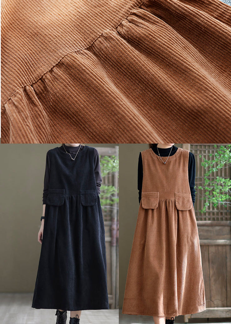Loose Light Orange O-Neck Patchwork Corduroy Party Dress Sleeveless