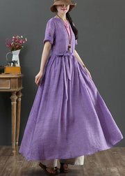 Loose Purple Patchwork Bow Summer Linen Dress - SooLinen