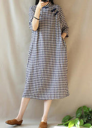 Loose Stand Collar Chinese Button Outfit Work Plaid Maxi Dresses - SooLinen