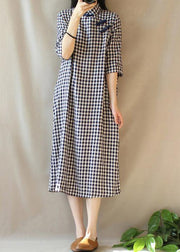 Loose Stand Collar Chinese Button Outfit Work Plaid Maxi Dresses - SooLinen