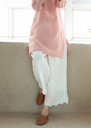 Loose Summer Casual White Embroidery Shape Elastic Waist Pant - SooLinen