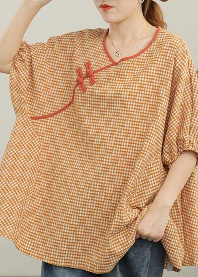 Loose Yellow Plaid Oriental Cotton Summer Tops - SooLinen