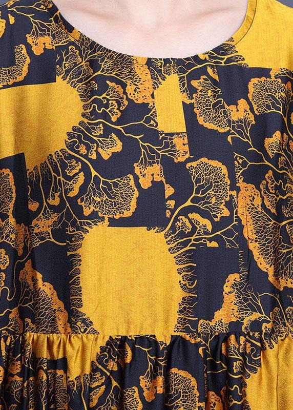 Loose Yellow Print Silk Loose Ankle Dress Summer - SooLinen