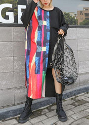 Loose asymmetric patchwork cotton quilting clothes Sleeve black Maxi Dress fall - SooLinen