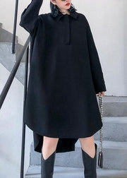 Loose black Cotton tunic pattern lapel low high design Art Dresses - SooLinen