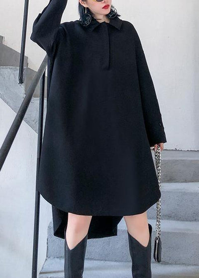 Loose black Cotton tunic pattern lapel low high design Art Dresses - SooLinen