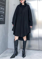 Loose black Cotton tunic pattern lapel low high design Art Dresses - SooLinen