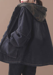 Loose black Fine clothes For Women Sewing two pockets patchwork hooded outwear - SooLinen
