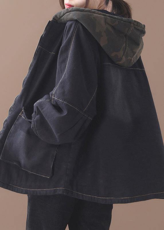 Loose black Fine clothes For Women Sewing two pockets patchwork hooded outwear - SooLinen