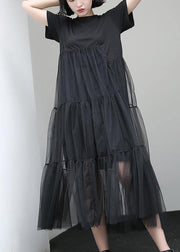 Loose black cotton Tunic Dress asymmetric patchwork A Line summer Dress - SooLinen
