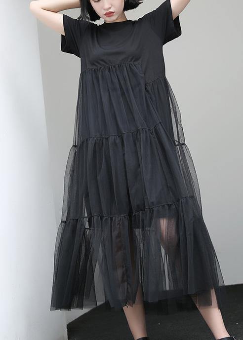 Loose black cotton Tunic Dress asymmetric patchwork A Line summer Dress - SooLinen