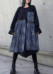 Loose black cotton dresses patchwork thick o neck Maxi Dress - SooLinen