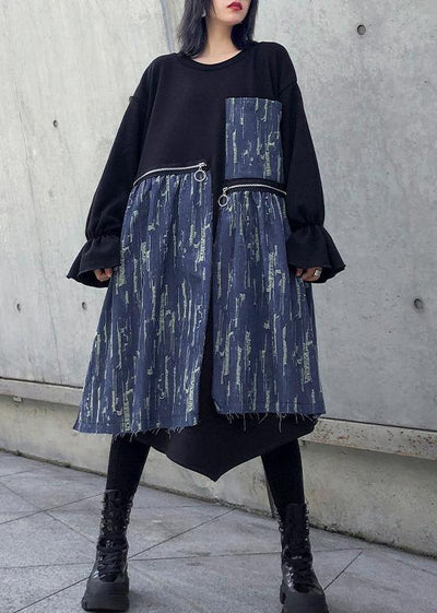 Loose black cotton dresses patchwork thick o neck Maxi Dress - SooLinen