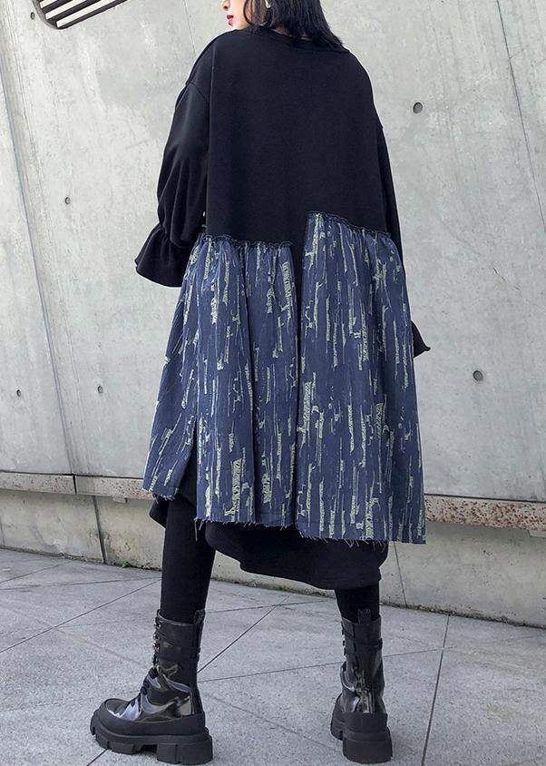 Loose black cotton dresses patchwork thick o neck Maxi Dress - SooLinen