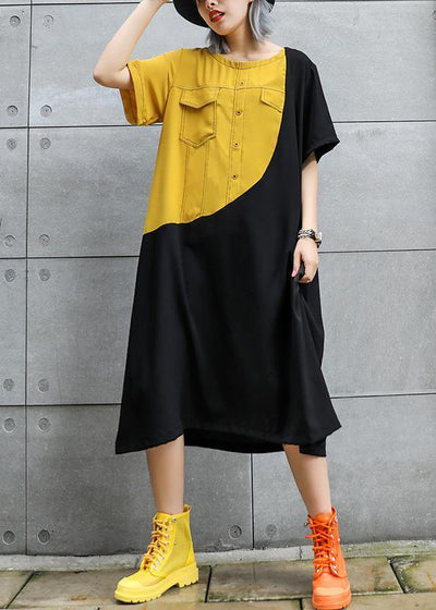 Loose black cotton quilting clothes o neck patchwork robes summer Dresses - SooLinen