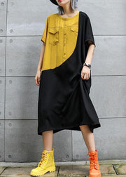 Loose black cotton quilting clothes o neck patchwork robes summer Dresses - SooLinen