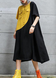 Loose black cotton quilting clothes o neck patchwork robes summer Dresses - SooLinen