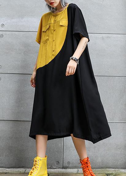 Loose black cotton quilting clothes o neck patchwork robes summer Dresses - SooLinen