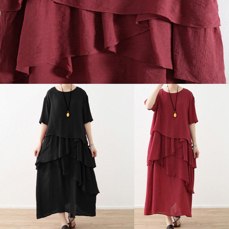 Loose black linen cotton dress plus size Shirts layered  Plus Size Clothing summer Dresses - SooLinen