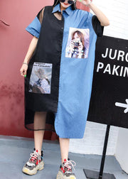 Loose black patchwork blended clothes For Women prints Maxi summer shirt Dresses - SooLinen